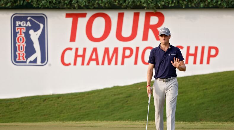 Justin Thomas reacts on the 18th green during the third round of the TOUR Championship at East Lake Golf Club on Saturday, Sept. 4, 2021, in Atlanta. (Cliff Hawkins/Getty Images/TNS)