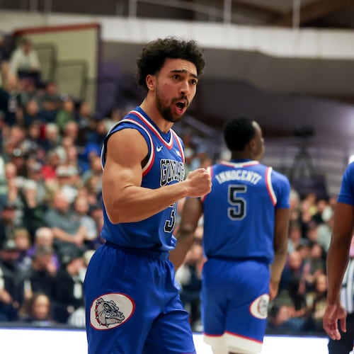 Gonzaga guard Braeden Smith (3) reacts during the second half of an NCAA college basketball game against Portland in Portland, Ore., Wednesday, Feb. 4, 2026. (AP Photo/Amanda Loman)
