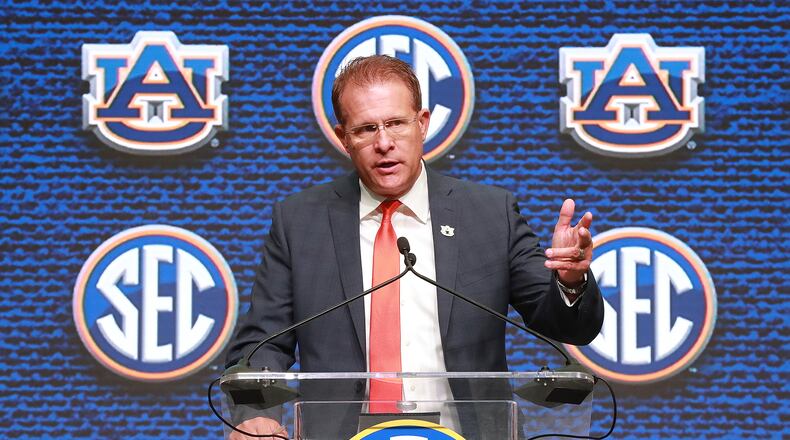 Auburn coach Gus Malzahn speaks at SEC Media Days at the College Football Hall of Fame on Thursday.