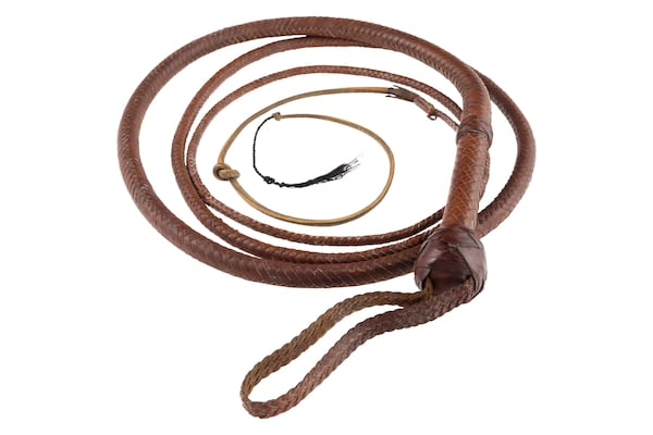 This image shows a whip wielded by Harrison Ford in “Indiana Jones and the Last Crusade." (Heritage Auctions via AP)