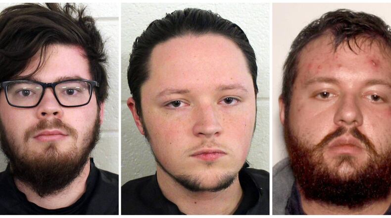 Charged with participating in a criminal gang and conspiracy to commit murder are: Luke Austin Lane, 21, of Silver Creek; Jacob Kaderli, 19, of Dacula; and Michael John Helterbrand, 25, of Dalton. (Floyd County Police via AP)