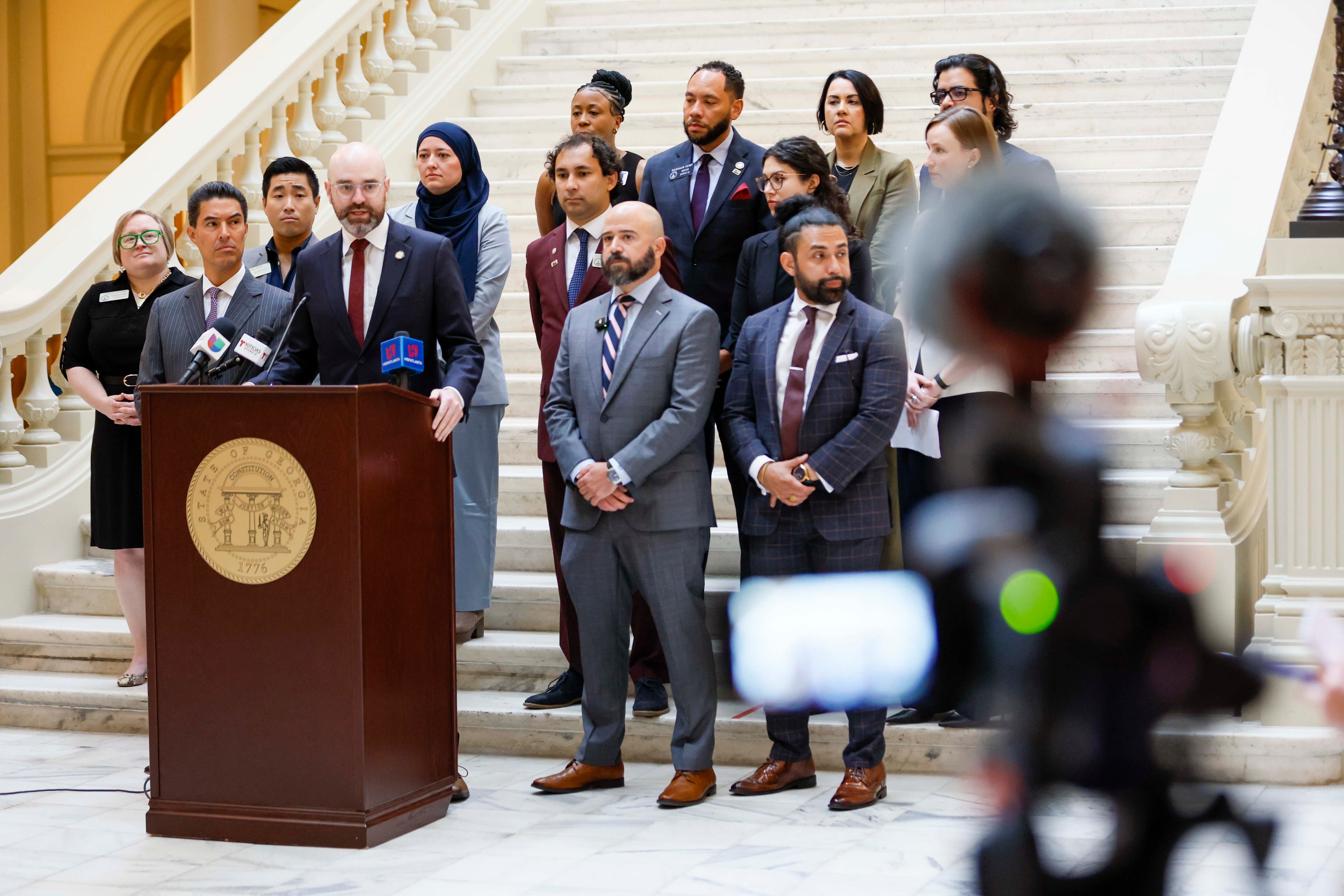 Sate Sen. Josh McLaurin, D-Sandy Springs, spoke at a news conference about Spanish-language journalist Mario Guevara, who was taken into ICE custody last month.