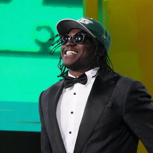 Texas Tech linebacker David Bailey celebrates after being chosen by the New York Jets with the second overall pick during the first round of the NFL football draft, Thursday, April 23, 2026, in Pittsburgh. (AP Photo/Gene J. Puskar)