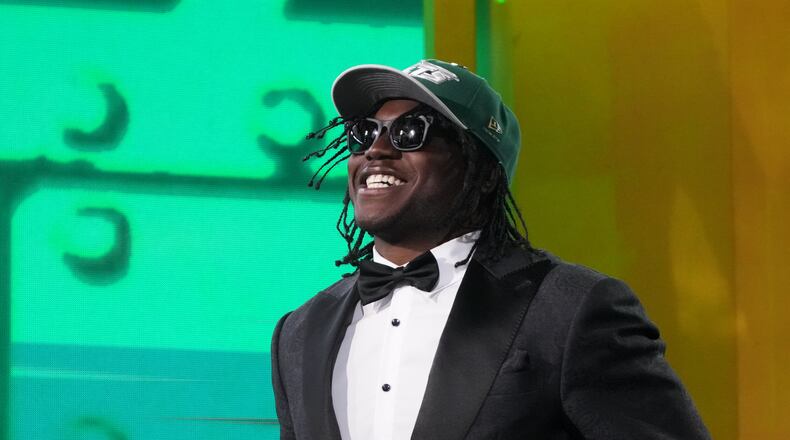 Texas Tech linebacker David Bailey celebrates after being chosen by the New York Jets with the second overall pick during the first round of the NFL football draft, Thursday, April 23, 2026, in Pittsburgh. (AP Photo/Gene J. Puskar)