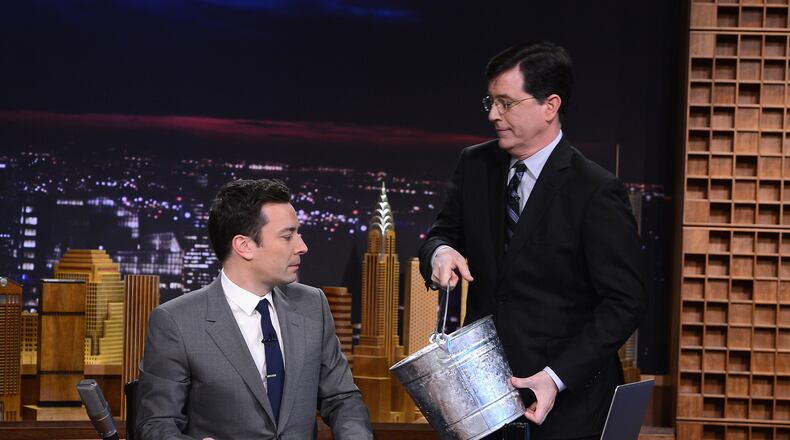 <> at Rockefeller Center on February 17, 2014 in New York City. Stephen Colbert made a cameo on Jimmy Fallon's first "Tonight Show" episode in February. He will soon be competing with Fallon on CBS. CREDIT: Getty Images/NBC
