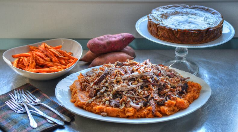 Justin Manglitz’s Sweet Potato French Fries (left). Hudson Rouse’s Pulled Pork with Smashed Sweet Potatoes and Pecans (center). Nik Sharma’s Sweet Potato Bebinca (right). (PHOTO CONTRIBUTED BY CHRIS HUNT; STYLING BY WENDELL BROCK)