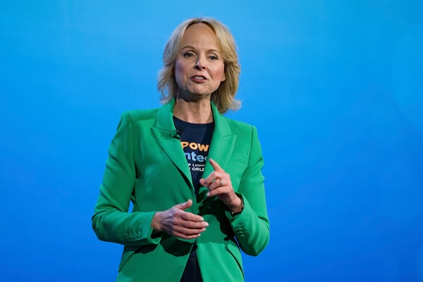 Points of Light president and CEO Jennifer Sirangelo speaks at the 2025 Points of Light Conference in New Orleans, Friday, June 6, 2025. (AP Photo/Matthew Hinton)