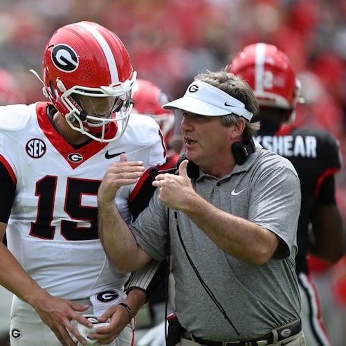 Georgia head coach Kirby Smart (right) instructs quarterback Ryan Montgomery during G-Day at Sanford Stadium on Saturday, April 18, 2026, in Athens. (Hyosub Shin/AJC)