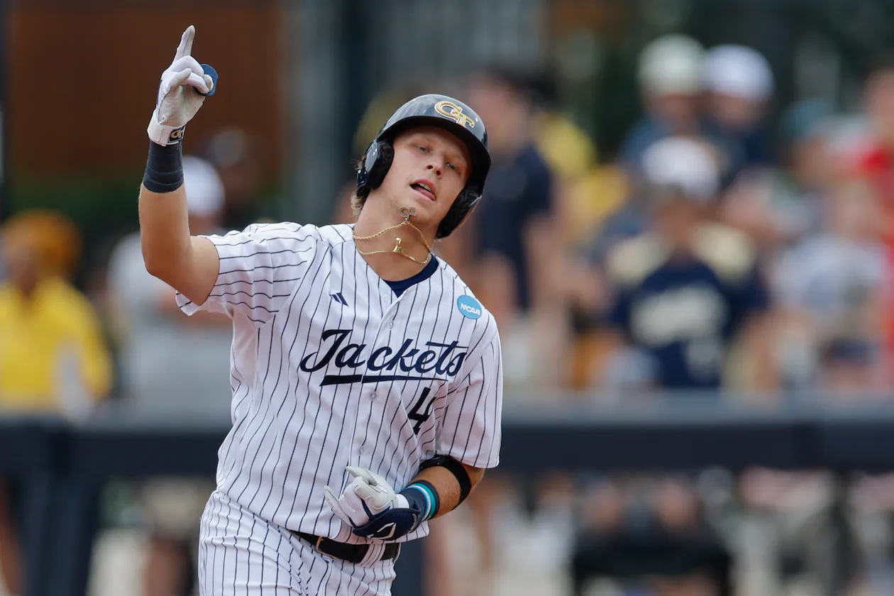 Georgia Tech's Alex Hernandez reacts after hitting a two-run home run against Illinois Chicago during the second inning of an NCAA D1 Atlanta Regional baseball game at Russ Chandler Stadium, Friday, May 29, 2026, in Atlanta. (Erik S. Lesser for the AJC)