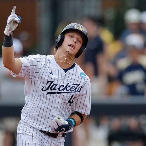 Georgia Tech's Alex Hernandez reacts after hitting a two-run home run against Illinois Chicago during the second inning of an NCAA D1 Atlanta Regional baseball game at Russ Chandler Stadium, Friday, May 29, 2026, in Atlanta. (Erik S. Lesser for the AJC)