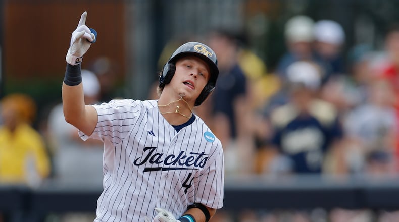 Georgia Tech's Alex Hernandez reacts after hitting a two-run home run against Illinois Chicago during the second inning of an NCAA D1 Atlanta Regional baseball game at Russ Chandler Stadium, Friday, May 29, 2026, in Atlanta. (Erik S. Lesser for the AJC)