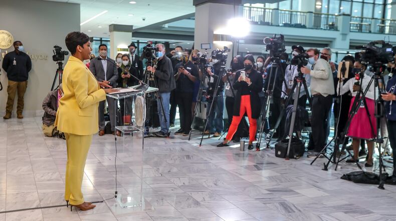 Atlanta Mayor Keisha Lance-Bottoms speaks at a press conference Friday morning, May 7, 2021, at Atlanta City Hall regarding her decision not to run for a second term. In her first public appearance since announcing her decision to supporters Thursday night, Bottoms said her decision was guided by faith. (John Spink / John.Spink@ajc.com)