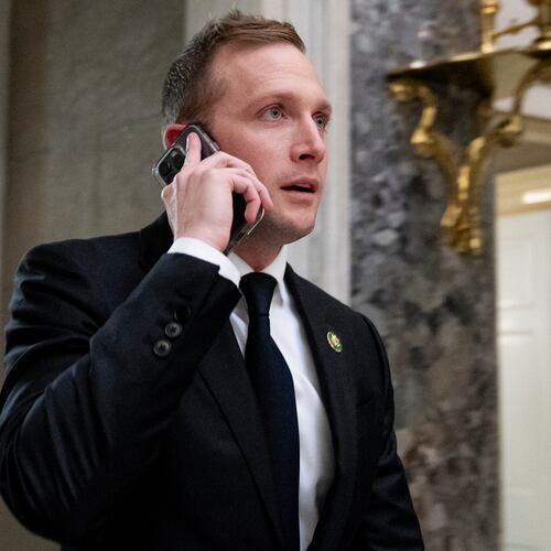 FILE - Rep. Max Miller, R-Ohio, walks out of a meeting with House Majority Leader Steve Scalise of La., on Capitol Hill, Oct. 11, 2023, in Washington. (AP Photo/Andrew Harnik, File)