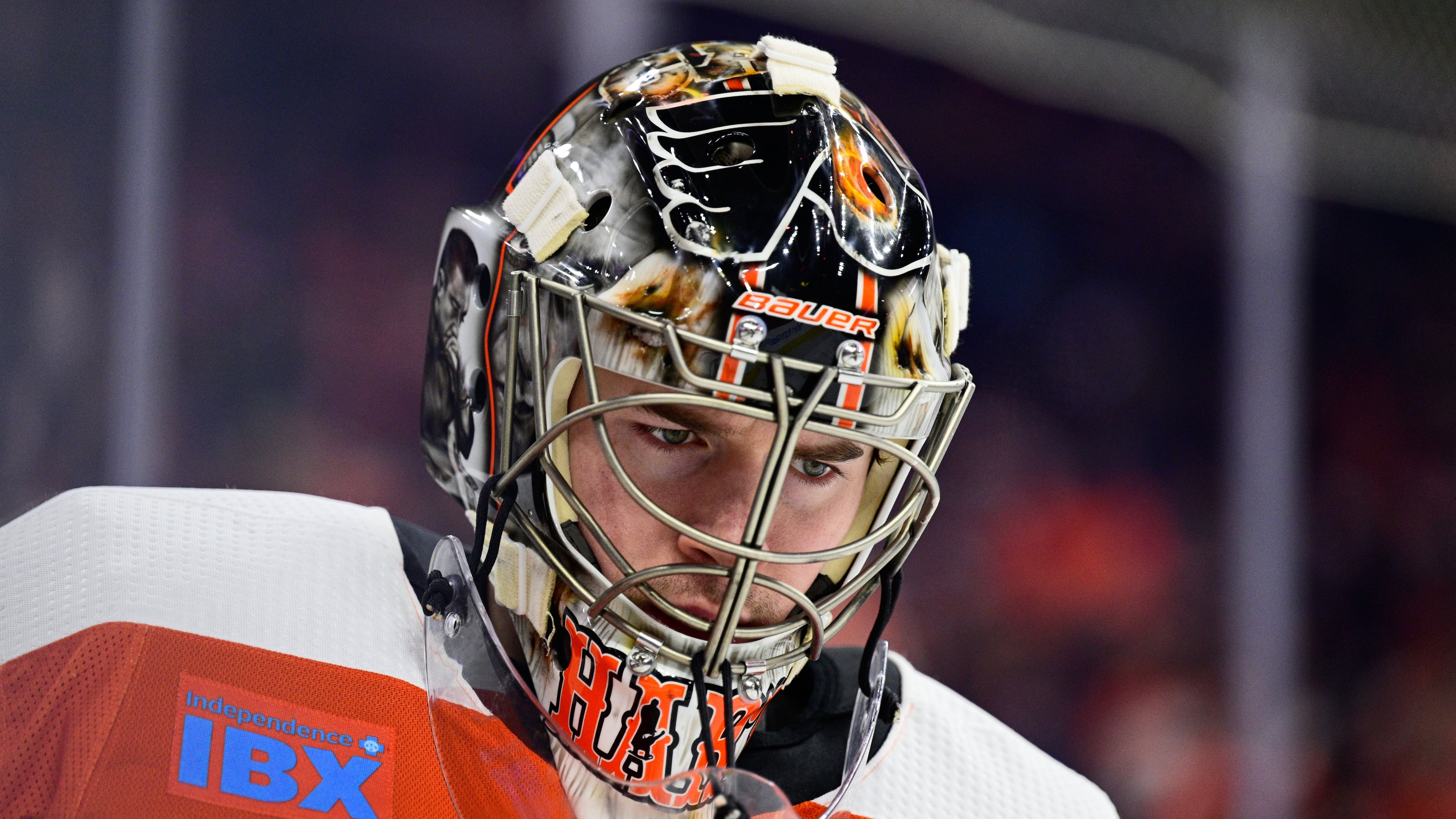 FILE - Philadelphia Flyers' goaltender Carter Hart in action during an NHL hockey game against the Colorado Avalanche, Jan. 20, 2024, in Philadelphia. (AP Photo/Derik Hamilton, File)