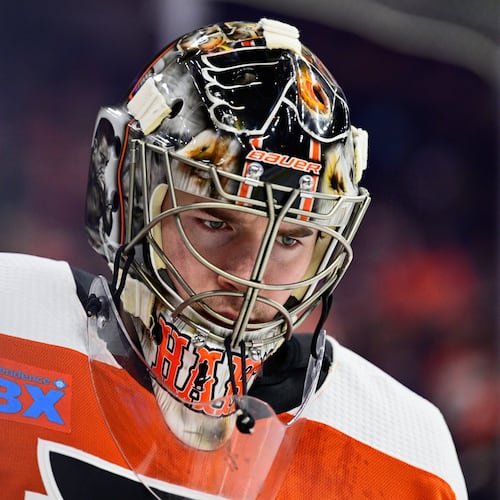 FILE - Philadelphia Flyers' goaltender Carter Hart in action during an NHL hockey game against the Colorado Avalanche, Jan. 20, 2024, in Philadelphia. (AP Photo/Derik Hamilton, File)