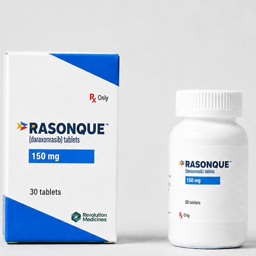 This photo provided by Revolution Medicines on Wednesday, Aug. 26, 2026 shows packaging for the new pancreatic cancer drug, daraxonrasib, under the brand name Rasonque. (Revolution Medicines via AP)