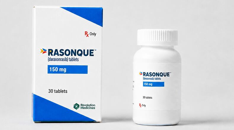 This photo provided by Revolution Medicines on Wednesday, Aug. 26, 2026 shows packaging for the new pancreatic cancer drug, daraxonrasib, under the brand name Rasonque. (Revolution Medicines via AP)
