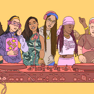 From left to right: Kiya Lacey, Mikkoh, Cleotrvppv, DJ Exel, Bomb Jahlaam and La Superiorrr (Illustration: Broly Su/AJC)