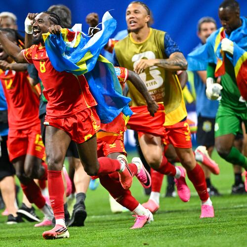 DR Congo midfielder Samuel Moutoussamy (8) celebrates a 3-1 win over Uzbekistan during a FIFA World Cup match at Atlanta Stadium (Mercedes-Benz Stadium) on Saturday, June 27, 2026, in Atlanta. (Hyosub Shin/AJC)