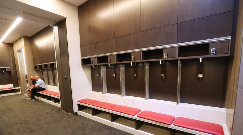 August 15, 2017 Atlanta: The Atlanta United locker room features soccer style benches for players to sit on rather than chairs during a Mercedes-Benz Stadium open house tour on Monday, August 15, 2017, in Atlanta. Curtis Compton/ccompton@ajc.com