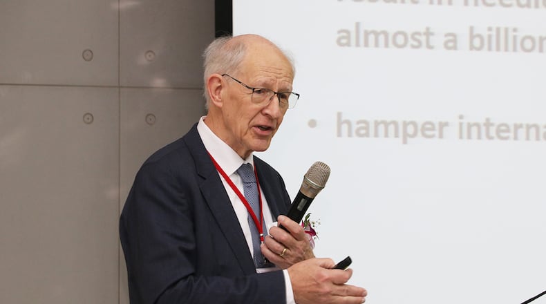 Huub Lelieveld speaks at the National Chung Hsing University in Taichung, Taiwan, in 2019. (World Food Prize Foundation via AP)