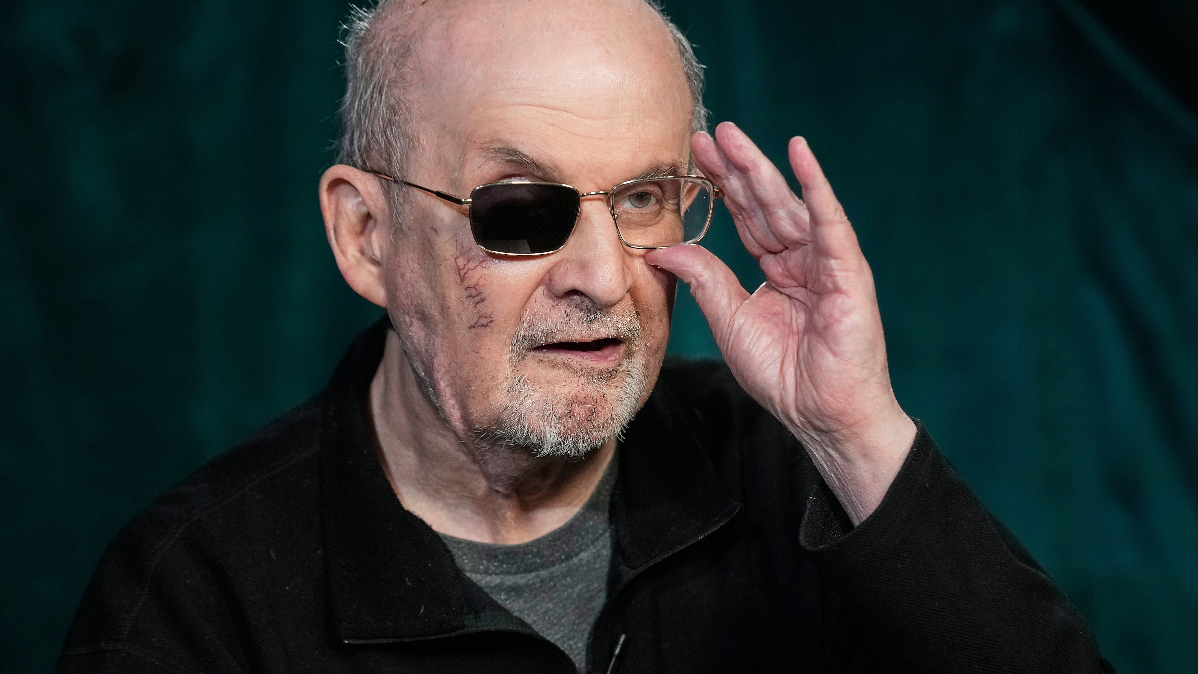 Author Salman Rushdie appears during an interview in New York on Wednesday, Oct. 29, 2025. (AP Photo/Richard Drew)