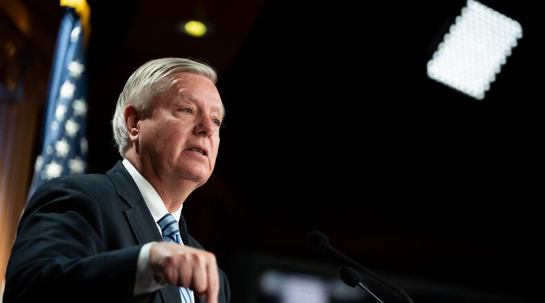 Senator Lindsey Graham (R-S.C.) speaks during a press conference with GOP leaders on Capitol Hill in Washington on April 7, 2022. (Sarahbeth Maney/The New York Times)
