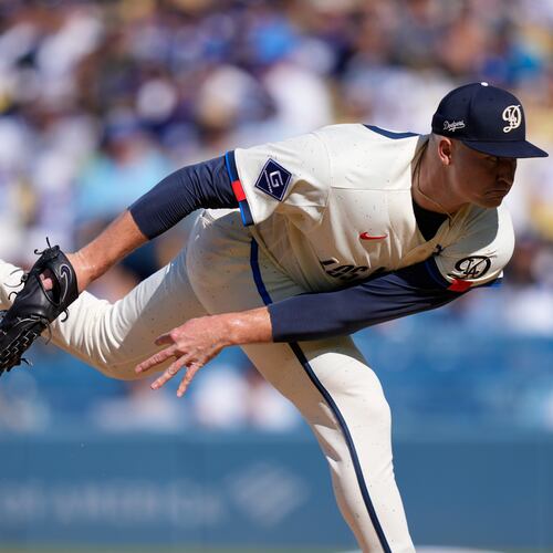 Los Angeles Dodgers starting pitcher Tarik Skubal throws to the plate during the first inning of a baseball game against the Pittsburgh Pirates, Saturday, Aug. 22, 2026, in Los Angeles. (AP Photo/Mark J. Terrill)