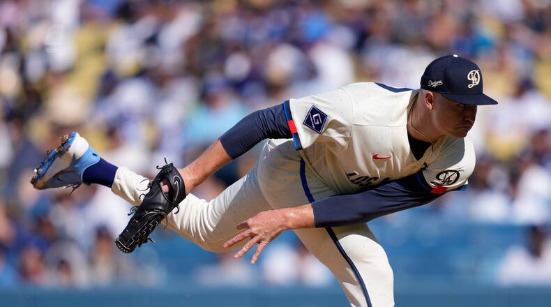 Los Angeles Dodgers starting pitcher Tarik Skubal throws to the plate during the first inning of a baseball game against the Pittsburgh Pirates, Saturday, Aug. 22, 2026, in Los Angeles. (AP Photo/Mark J. Terrill)