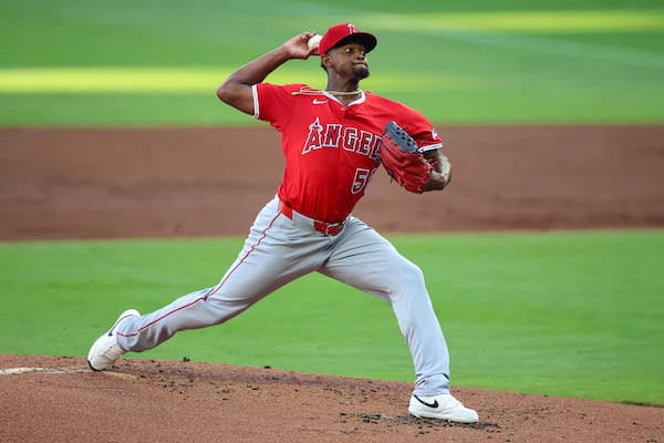 Los Angeles Angels pitcher José Soriano delivers in the first inning of a baseball game against the Atlanta Braves, Thursday, July 3, 2025, in Atlanta. (AP Photo/Colin Hubbard)