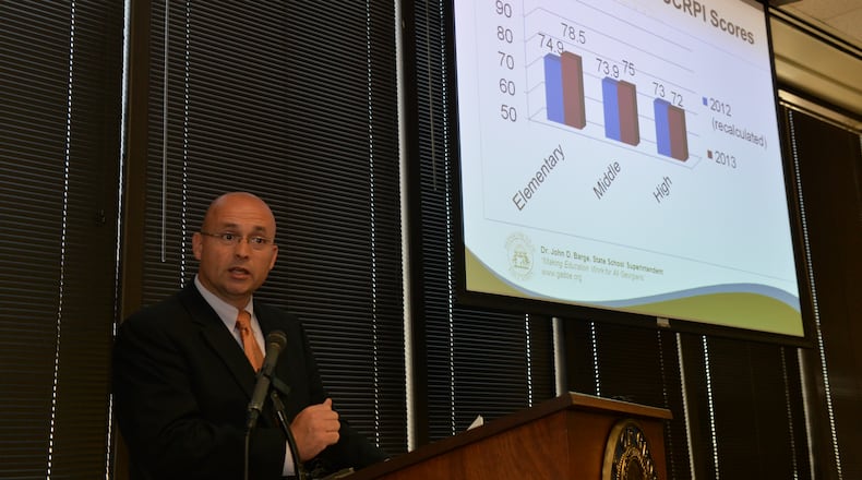 Georgia School Superintendent John Barge discusses the state’s College and Career-Ready Performance Index scores on Monday, April 21, 2014.