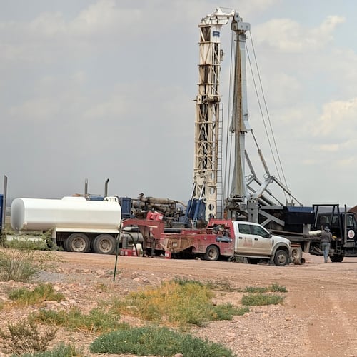 Construction crews drill wells for border wall construction in July 2026, in Luna County, N.M., along the US-Mexico border. (Russell Johnson via AP)