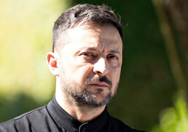 Ukraine's President Volodymyr Zelenskyy looks on as he arrives at Marselisborg Castle on the occasion of Denmark taking over the EU presidency, in Aarhus, Denmark, Thursday, July 3, 2025. (Henning Bagger/Ritzau Scanpix via AP)