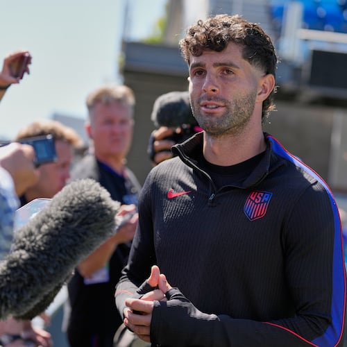 United States' Christian Pulisic speaks with the media before a training session ahead of their World Cup Round of 32 soccer match against Bosnia and Herzegovina, Tuesday, June 30, 2026, in San Jose, Calif. (AP Photo/Eugene Hoshiko)