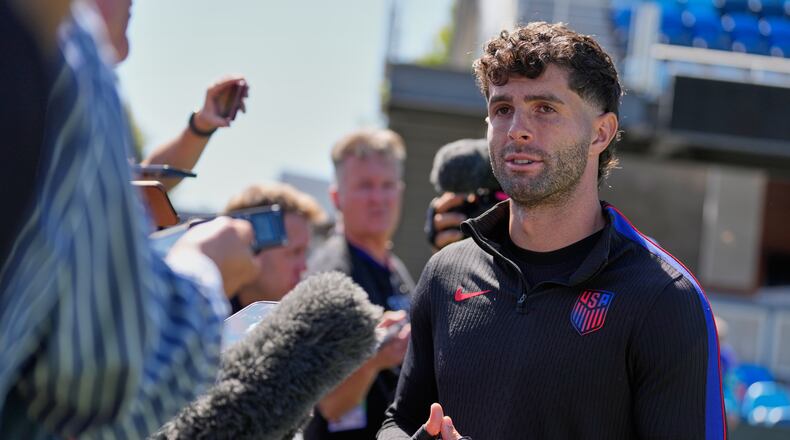 United States' Christian Pulisic speaks with the media before a training session ahead of their World Cup Round of 32 soccer match against Bosnia and Herzegovina, Tuesday, June 30, 2026, in San Jose, Calif. (AP Photo/Eugene Hoshiko)