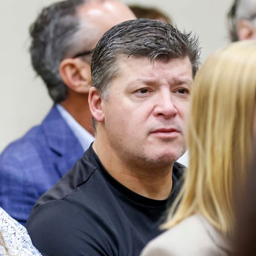 FILE - Jason Riley, center, Laken Riley's father, listens during the Jose Ibarra trial at Athens-Clarke County Superior Court on Monday, Nov. 18, 2024, in Athens, Ga. (Miguel Martinez/Atlanta Journal-Constitution via AP, Pool, File)