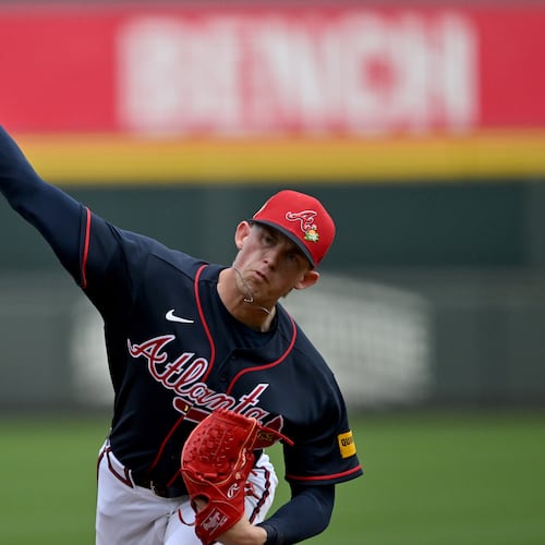 Atlanta Braves pitcher Hurston Waldrep throws a live batting practice session during spring training workouts at CoolToday Park, Thursday, Feb. 12, 2026, in North Port, Fla. (Hyosub Shin/AJC)