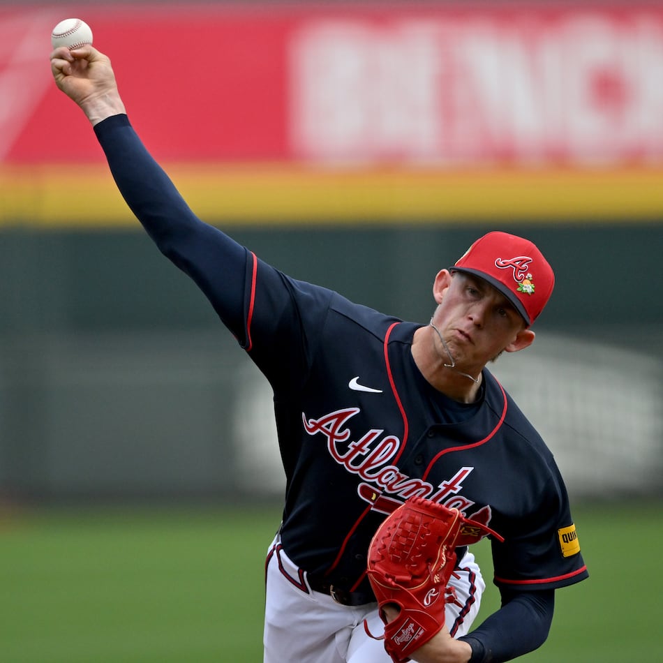 Braves pitcher Hurston Waldrep throws batting practice during spring training at CoolToday Park on Feb. 12, 2026,. (Hyosub Shin/AJC)