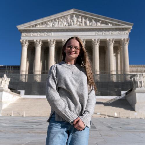 Becky Pepper-Jackson poses for a photograph outside of the U.S. Supreme Court in Washington, Sunday, Jan. 11, 2026. (AP Photo/Jose Luis Magana)