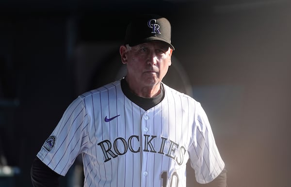 Colorado Rockies manager Bud Black paces in the dugout as starting pitcher Bradley Blalock struggles against the San Diego Padres in the first inning of a baseball game Saturday, May 10, 2025, in Denver. (AP Photo/David Zalubowski)