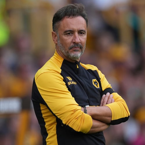 FILE - Wolverhampton Wanderers' head coach Vitor Pereira concentrates during the English Premier League soccer match between Wolverhampton Wanderers and Manchester City at Molineux Stadium, Wolverhampton, England, Saturday, Aug. 16, 2025. (AP Photo/Dave Shopland, file)