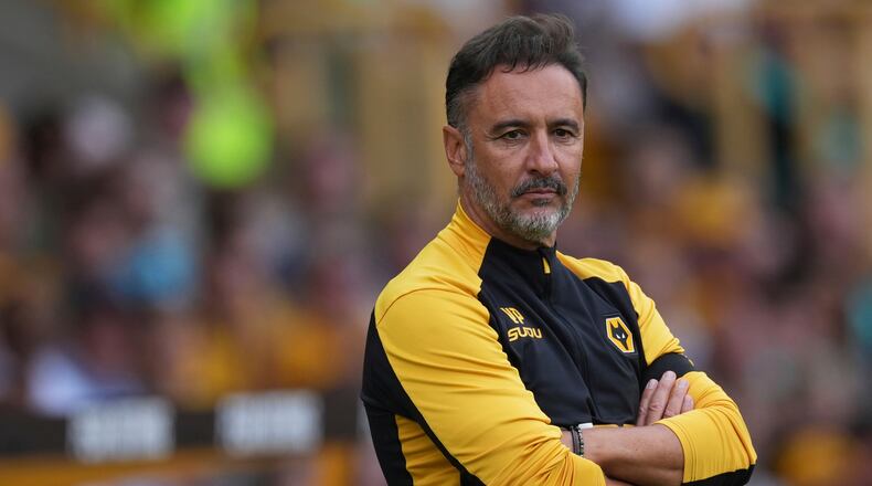 FILE - Wolverhampton Wanderers' head coach Vitor Pereira concentrates during the English Premier League soccer match between Wolverhampton Wanderers and Manchester City at Molineux Stadium, Wolverhampton, England, Saturday, Aug. 16, 2025. (AP Photo/Dave Shopland, file)