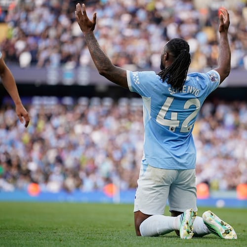 Manchester City's Antoine Semenyo reacts after scoring third goal during the English Premier League soccer match between Manchester City and Sunderland in Manchester, England, Sunday, Sept. 20, 2026. (AP Photo/Dave Thompson)