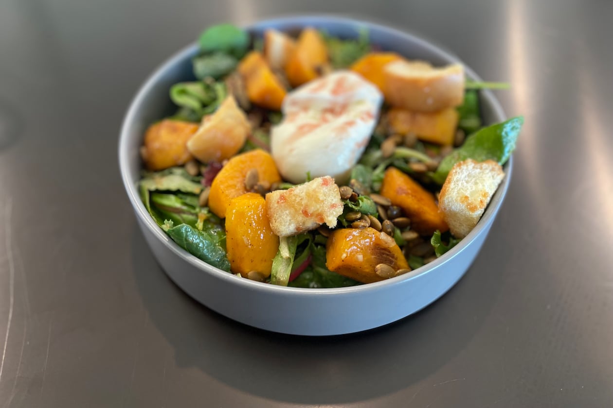 You can get persimmon and burrata salad at Ganji, located inside Minhwa Spirits in Doraville. (Angela Hansberger for The Atlanta Journal-Constitution)