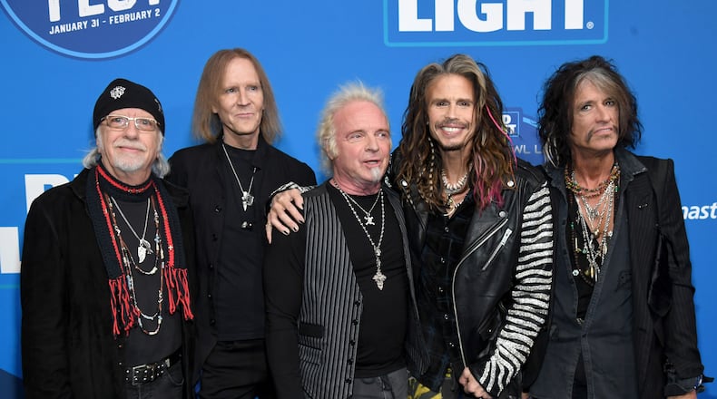 ATLANTA, GA - FEBRUARY 01: Brad Whitford, Tom Hamilton, Joey Kramer, Steven Tyler, and Joe Perry of Aerosmith attend Day 2 of Bud Light Super Bowl Music Fest at State Farm Arena on February 1, 2019 in Atlanta, Georgia. (Photo by Kevin Mazur/Getty Images for Bud Light Super Bowl Music Fest)