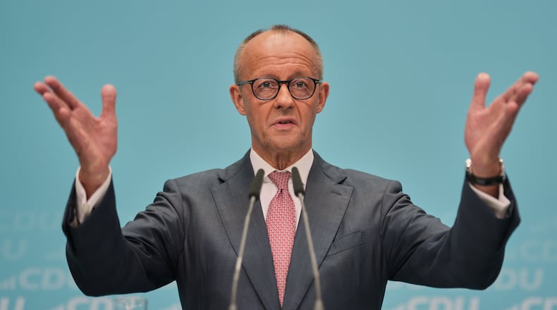 German Chancellor Friedrich Merz talks to the media during a press conference at the Christian Democratic Union (CDU) headquarters in Berlin, Germany, after yesterday's two state elections in Berlin and Mecklenburg-Western Pomerania, Monday, Sept. 21, 2026. (AP Photo/Markus Schreiber)