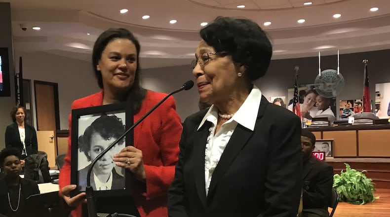 Atlanta Public Schools Superintendent Meria Carstarphen, left, recognizes Mary Frances Early, a former APS student and educator and the University of Georgia’s first African-American graduate, during the school board’s Monday, Jan. 6, 2020, meeting. VANESSA McCRAY/AJC