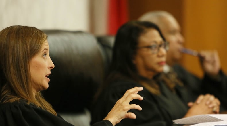 June,15 , 2017-Atlanta- Chief Georgia Appeals Court Judge Sara Doyle, left, discusses the legal dispute over whether young immigrants who have been given a special reprieve from deportation should be allowed to pay in-state tuition in Georgia. “To me,” she said, “this seems like a problem with the statute and that the argument is over across the street with the legislators to make them change the law to expand it to allow these students to come in.”