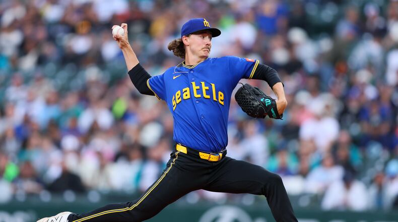 Seattle Mariners pitcher Bryce Miller delivers in the first inning of a baseball game against the Los Angeles Angels, Thursday, July 2, 2026, in Seattle. (AP Photo/Kevin Ng)