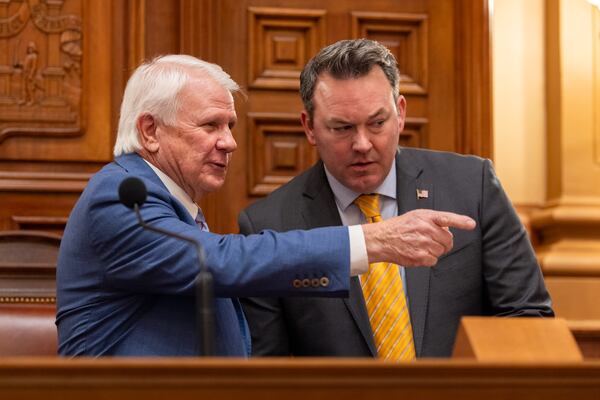 House Speaker Jon Burns, R-Newington, and Lt. Gov. Burt Jones appear before Gov. Brian Kemp’s final State of the State speech in the House of Representatives at the Capitol in Atlanta on Thursday, Jan. 15, 2026. (Arvin Temkar/AJC)